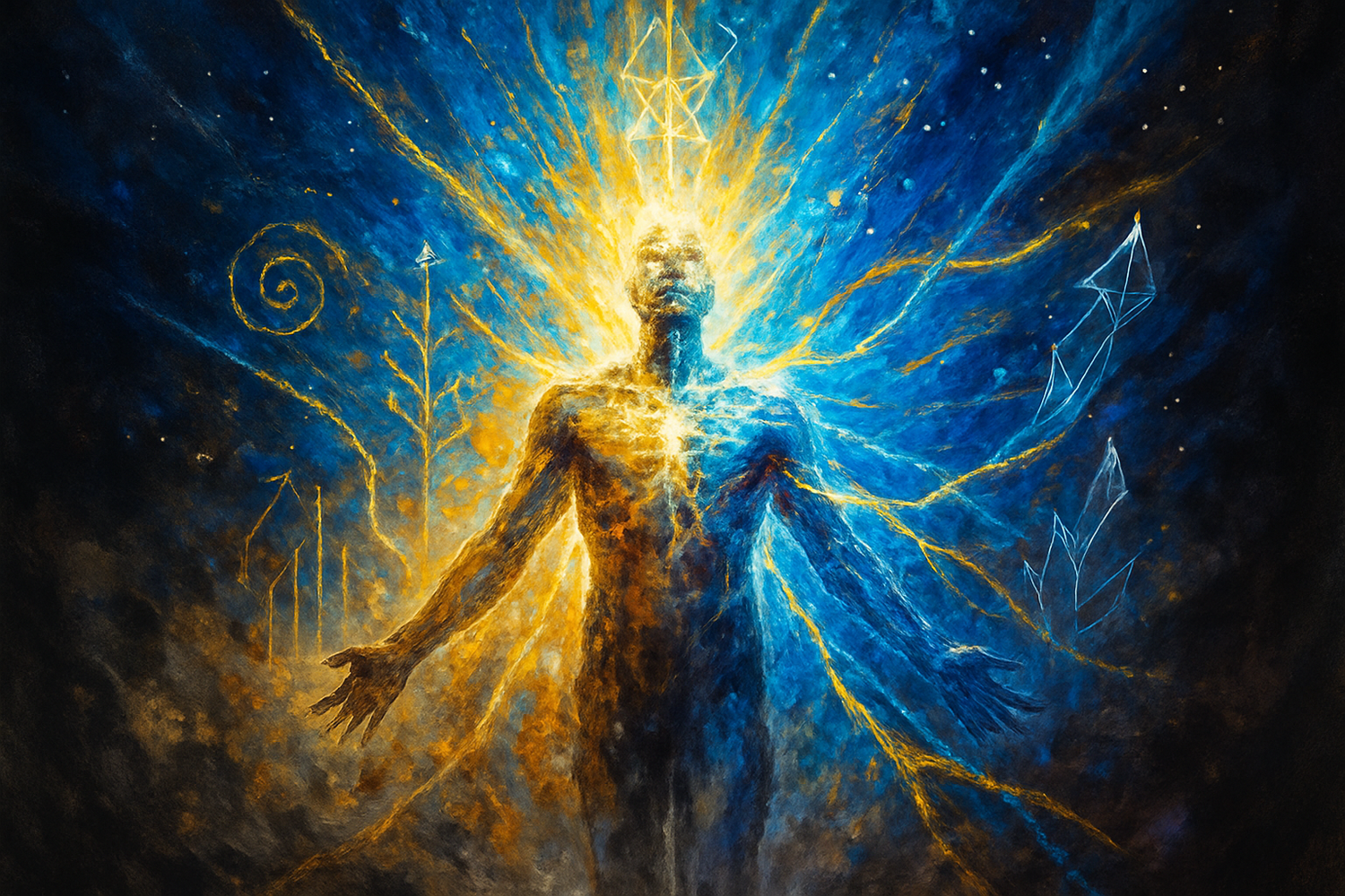 Abstract representation of a man transcending into a supra-man